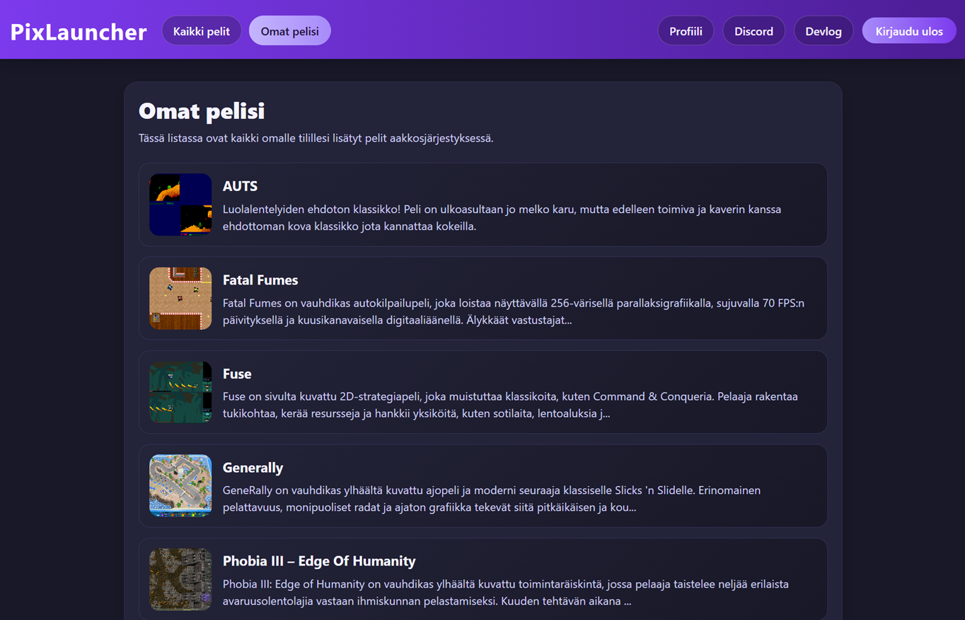 PixLauncherin ladattujen pelien kirjasto